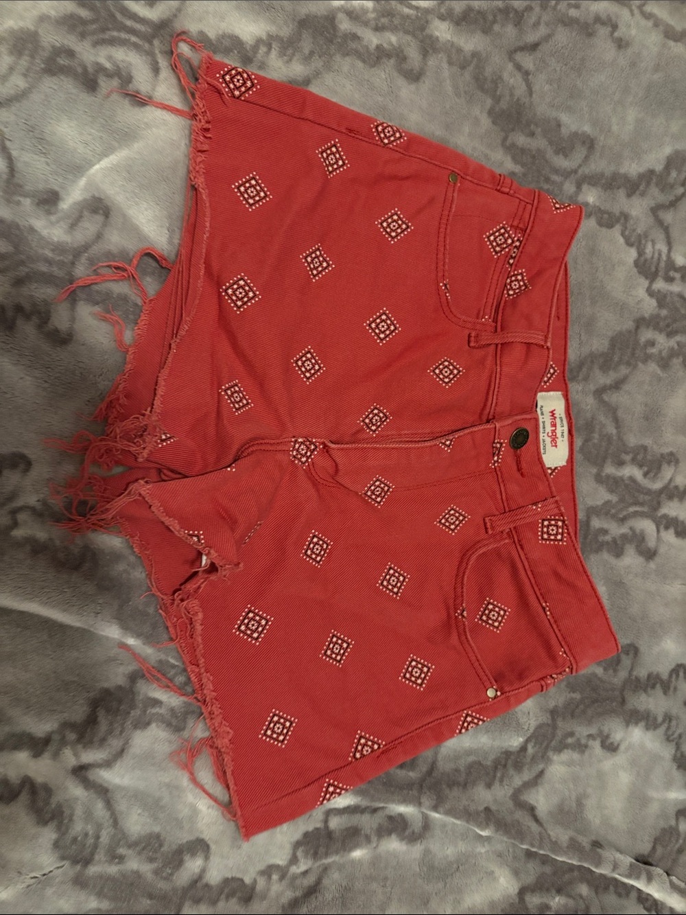 Wrangler Red Patterned Frayed-Hem Jean Shorts